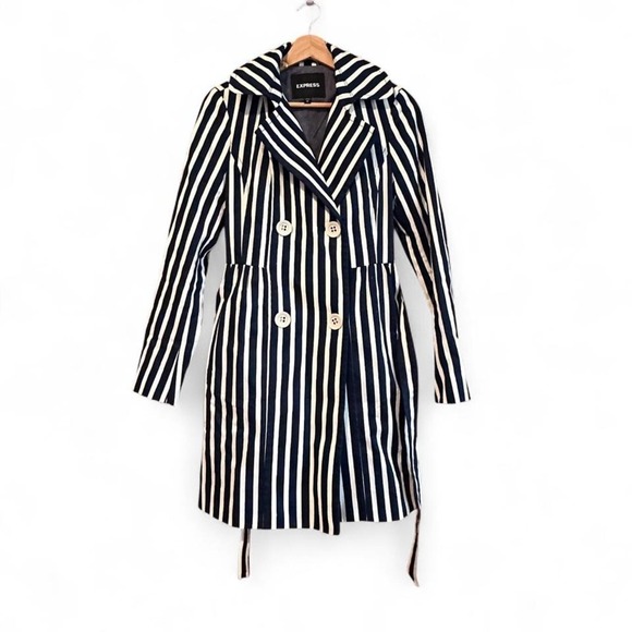 Express Navy Blue and White Striped Trench Coat Belted Size XS - Picture 4 of 6